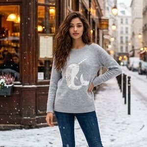 LC Lauren Conrad L Gray Narwhal Sequin Metallic Knit Sweater Womens Large NEW
